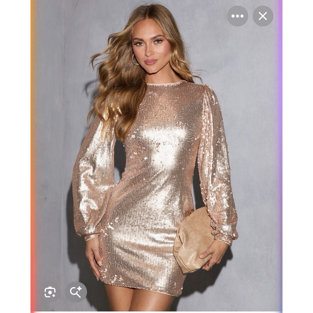 VICI Champagne Gold Sequin Mini Dress Small S Long Sleeve Holiday Party NYE